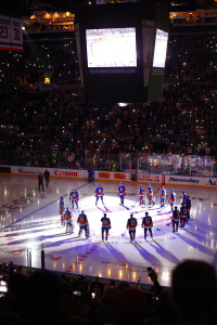 NY Islanders take the ice for the home opener against the Carolina Hurricanes. (Brandon Titus/Inside Hockey)