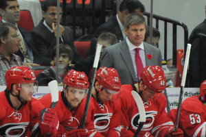 10 Nov 2014 Carolina Hurricanes Head Coach Bill Peters during the first period of the game between the Calgary Flames and the Carolina Hurricanes at the PNC Arena in Raleigh, NC. Carolina defeated Calgary 4-1.