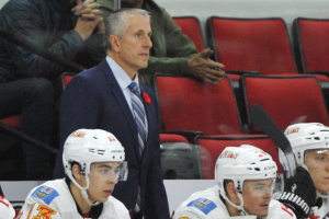 10 Nov 2014 Clagary Flames Head Coach Bob Hartley during the first period of the game between the Calgary Flames and the Carolina Hurricanes at the PNC Arena in Raleigh, NC. Carolina defeated Calgary 4-1.