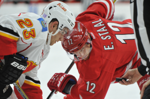 10 Nov 2014 Carolina Hurricanes Center Eric Staal (12) [3543] and Calgary Flames Center Sean Monahan (23) [8814] face-off during the first period of the game between the Calgary Flames and the Carolina Hurricanes at the PNC Arena in Raleigh, NC. Carolina defeated Calgary 4-1.