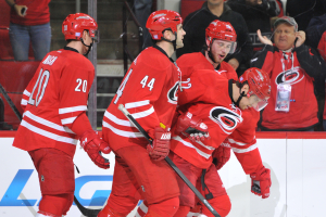 10 Nov 2014 Carolina Hurricanes Right Wing Zach Boychuk (22) [6494] celebrates a goal with teammates during the first period of the game between the Calgary Flames and the Carolina Hurricanes at the PNC Arena in Raleigh, NC. Carolina defeated Calgary 4-1.