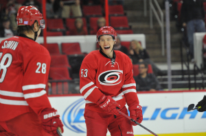 10 Nov 2014 Carolina Hurricanes Left Wing Jeff Skinner (53) [7896] is all smiles after scoring is 100th NHL goal in the game between the Calgary Flames and the Carolina Hurricanes at the PNC Arena in Raleigh, NC. Carolina defeated Calgary 4-1.