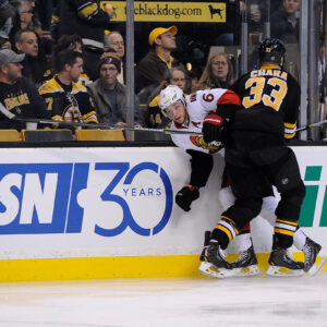 Dec 13, 2014; Boston Bruins defenseman Zdeno Chara (33) is called for interference on Ottawa Senators right wing Bobby Ryan (6) during an NHL game in the TD Garden in Boston. (Photo: Brian Fluharty)