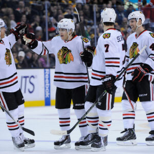 The Chicago Blackhawks celebrate their second period goal.