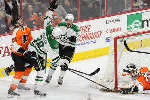 Center Vernon Fiddler (#38) of the Dallas Stars celebrates his goal with teammate Center Colton Sceviour (#22)