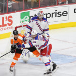 NHL 2015 - Sept 22 - NYR vs PHI - Defenseman Brett Bellemore (#39) of the New York Rangers shoves Center R.J. Umberger (#20) of the Philadelphia Flyers