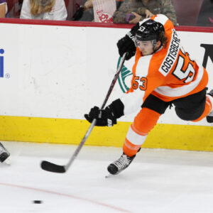 NHL 2015 - Sept 22 - NYR vs PHI - Defenseman Shayne Gostisbehere (#53) of the Philadelphia Flyers shoots the puck