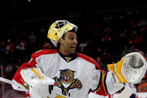 Goalie Roberto Luongo (#1) of the Florida Panthers gets animated during the warm-ups