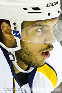 Seth Jones (NSH - 3) awaits the faceoff.