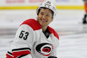 Left Wing Jeff Skinner (#53) of the Carolina Hurricanes smiles during the warm-ups