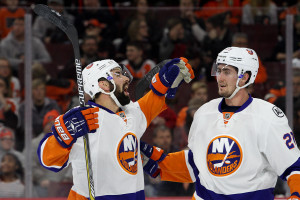 Defenseman Nick Leddy (#2) of the New York Islanders celebrates his goal with teammate Center Brock Nelson (#29) during the first period