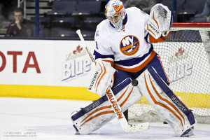 Thomas Greiss (NYI - 1) makes a save during warmups.