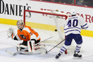 Right Wing Michael Grabner (#40) of the Toronto Maple Leafs scores a goal against Goalie Steve Mason (#35) of the Philadelphia Flyers during the second period