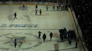 The Sharks celebrated on the ice after taking Game 3 of the Stanley Cup Final with a 3-2 win in overtime.