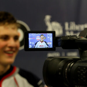 Cayden Primeau (#30 - White) gives a post-game interview