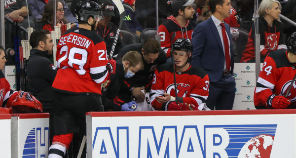 Devils bench in a game versus Calgary on Oct. 26. Photo by: Andrew Mordzynski